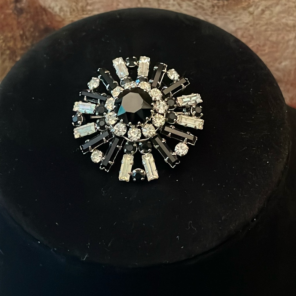 Vintage Brooch Black Clear Crystals Made In Austria